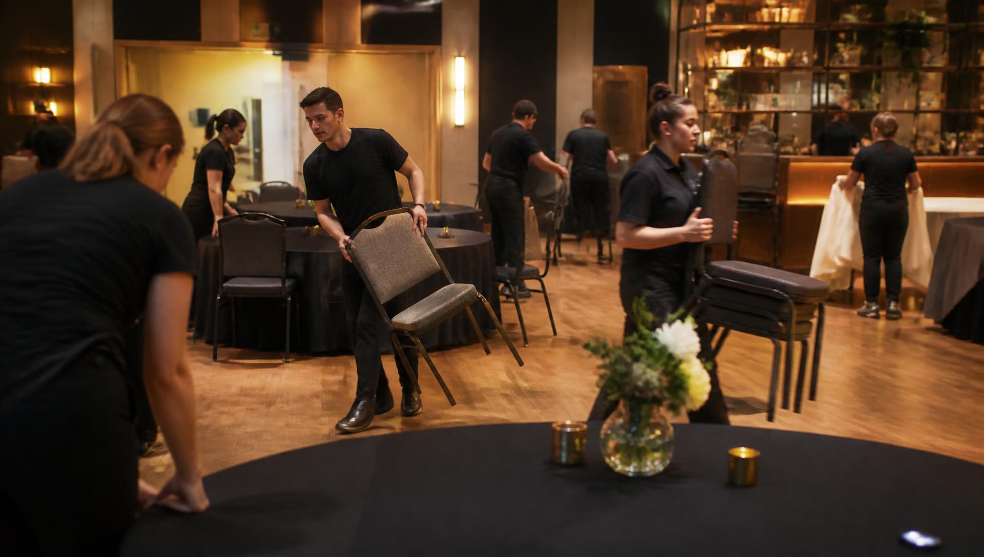 Venue staff setting a room for an event at short notice
