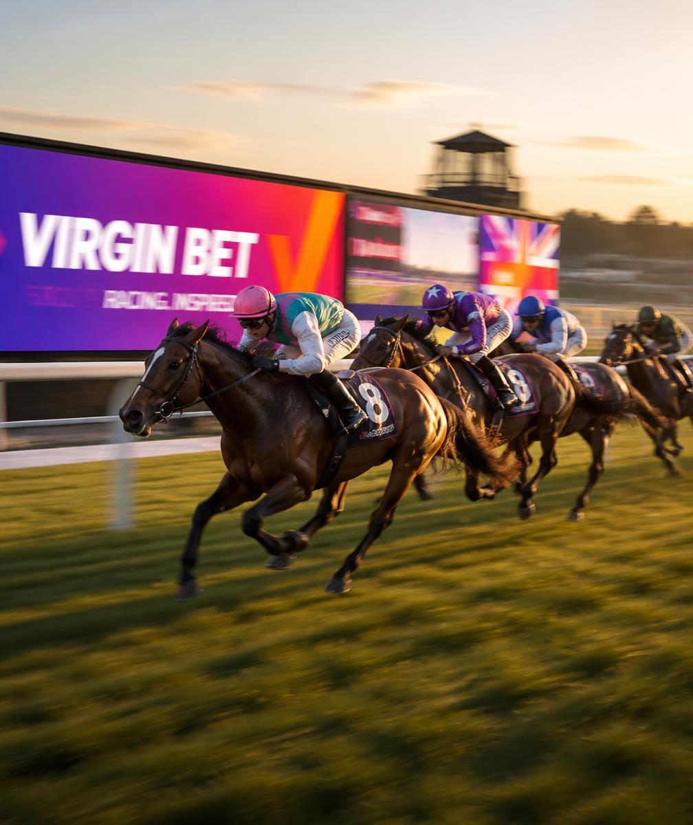 Horses racing past a digital advertising screen at a racecourse