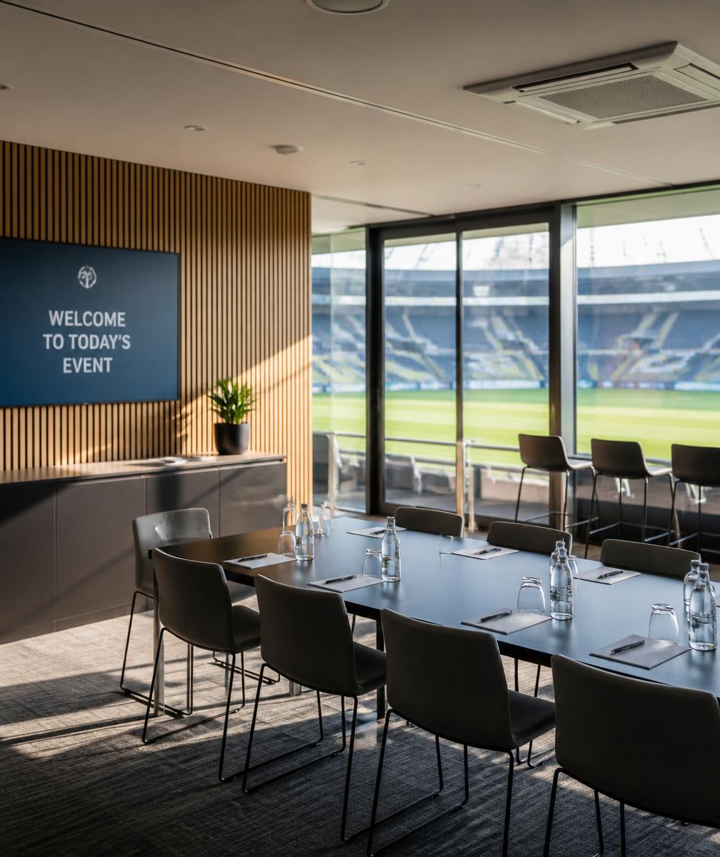 A meeting room inside a stadium set for a conference, overlooking the pitch